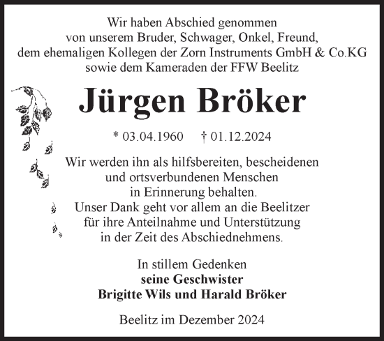 Traueranzeige von Jürgen Bröker von Volksstimme Altmark Ost