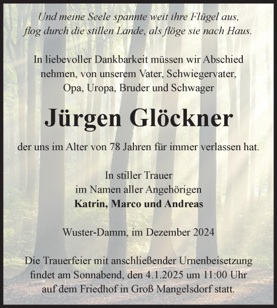 Traueranzeige von Jürgen Glöckner von Volksstimme Altmark Ost