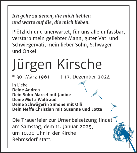 Traueranzeige von Jürgen Kirsche von Trauerkombi Zeitz