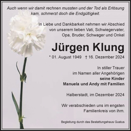 Traueranzeige von Jürgen Klung von Volksstimme Halberstadt