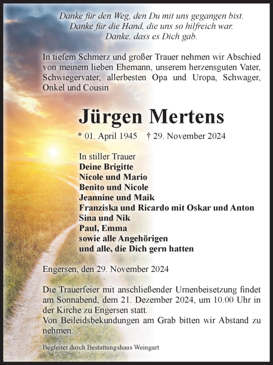 Traueranzeige von Jürgen Mertens von Volksstimme Altmark West