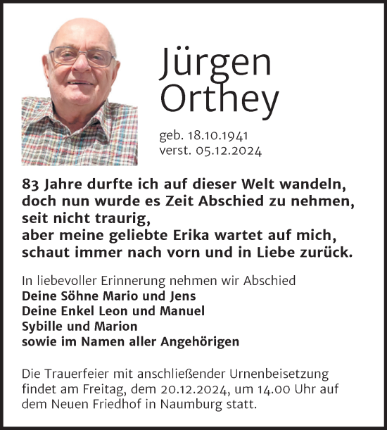 Traueranzeige von Jürgen Orthey von Super Sonntag Naumburg/Nebra