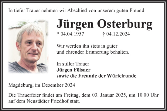 Traueranzeige von Jürgen Osterburg von Volksstimme Magdeburg
