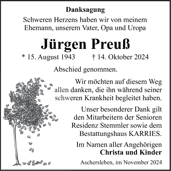 Traueranzeige von Jürgen Preuß von Trauerkombi Aschersleben