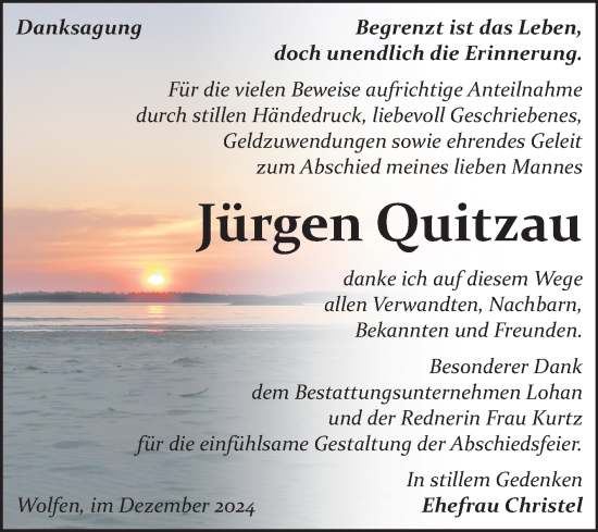 Traueranzeige von Jürgen Quitzau von Trauerkombi Bitterfeld