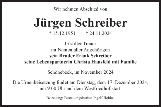Traueranzeige von Jürgen Schreiber von Volksstimme Schönebeck