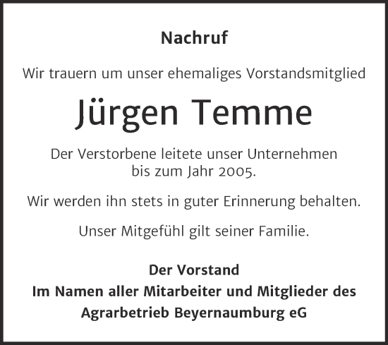 Traueranzeige von Jürgen Temme von Super Sonntag Sangerhausen