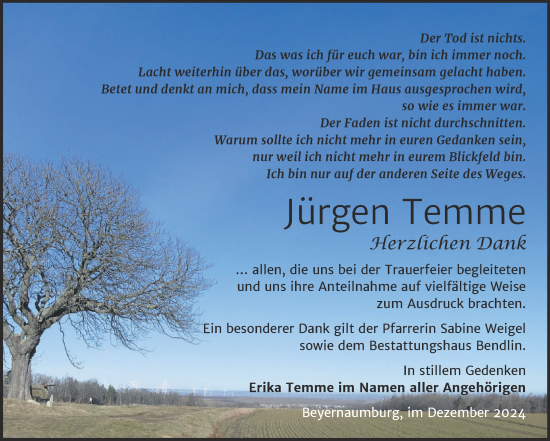 Traueranzeige von Jürgen Temme von Trauerkombi Sangerhausen