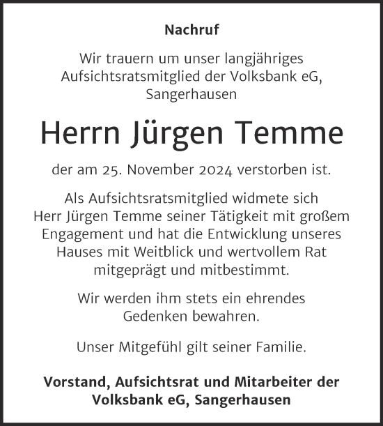 Traueranzeige von Jürgen Temme von Super Sonntag Sangerhausen