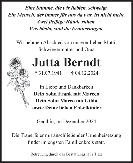 Traueranzeige von Jutta Berndt von Volksstimme Burg/Genthin