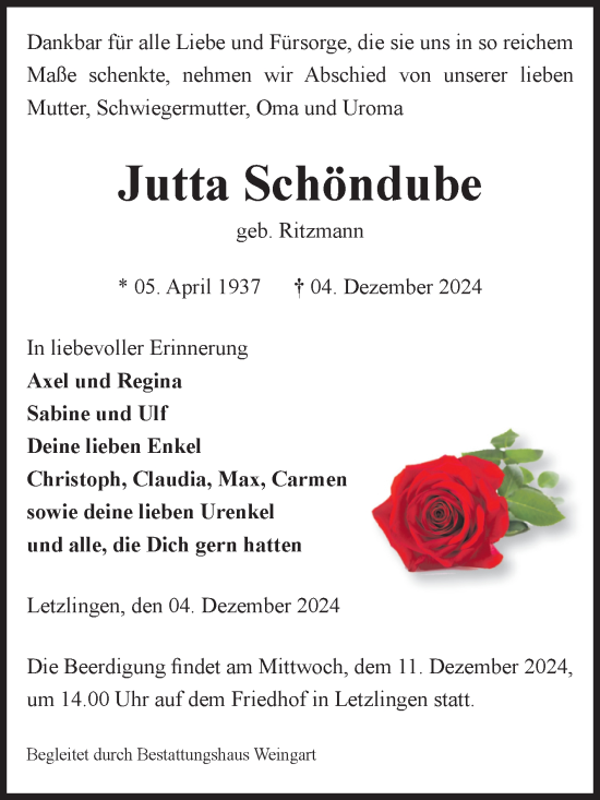 Traueranzeige von Jutta Schöndube von Volksstimme Altmark West