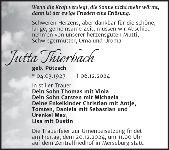 Traueranzeige von Jutta Thierbach von Trauerkombi Merseburg