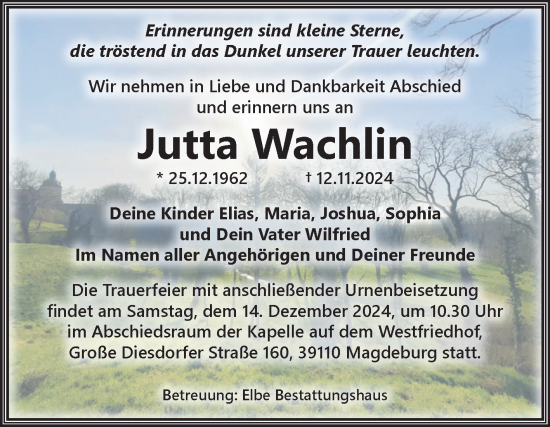 Traueranzeige von Jutta Wachlin von Volksstimme Magdeburg