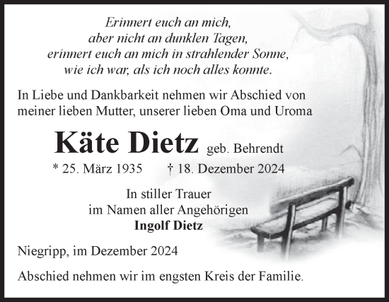 Traueranzeige von Käte Dietz von Volksstimme Burg/Genthin