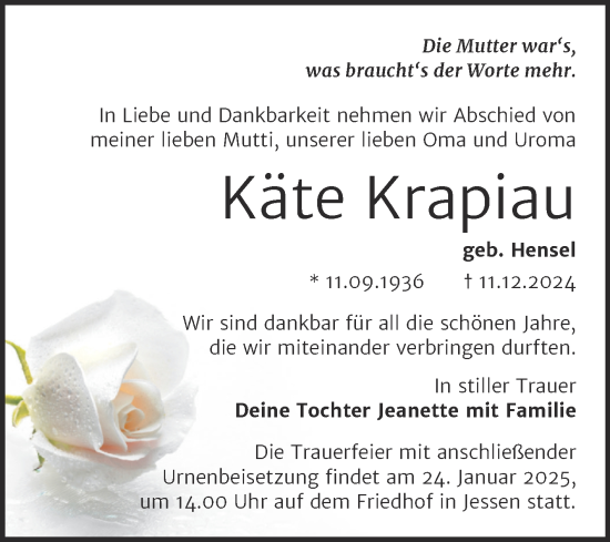 Traueranzeige von Käte Krapiau von Trauerkombi Wittenberg