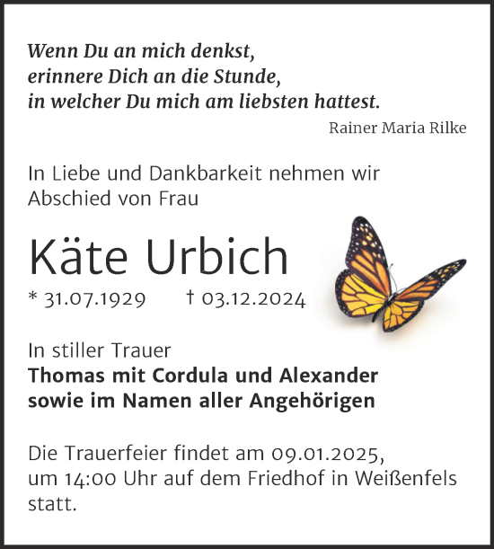 Traueranzeige von Käte Urbich von Trauerkombi Weißenfels