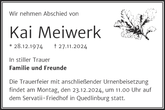 Traueranzeige von Kai Meiwerk von Trauerkombi Quedlinburg