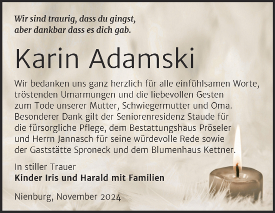 Traueranzeige von Karin Adamski von Trauerkombi Bernburg