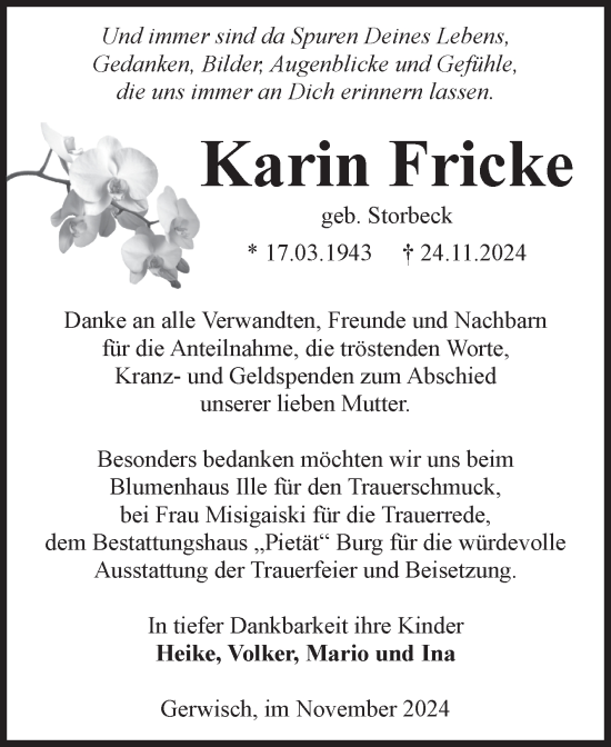 Traueranzeige von Karin Fricke von Volksstimme Burg/Genthin