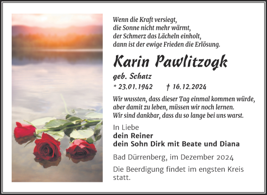 Traueranzeige von Karin Pawlitzogk von Trauerkombi Merseburg
