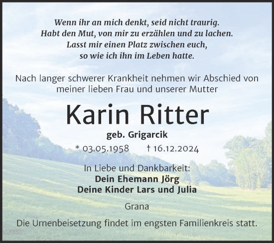 Traueranzeige von Karin Ritter von Trauerkombi Zeitz
