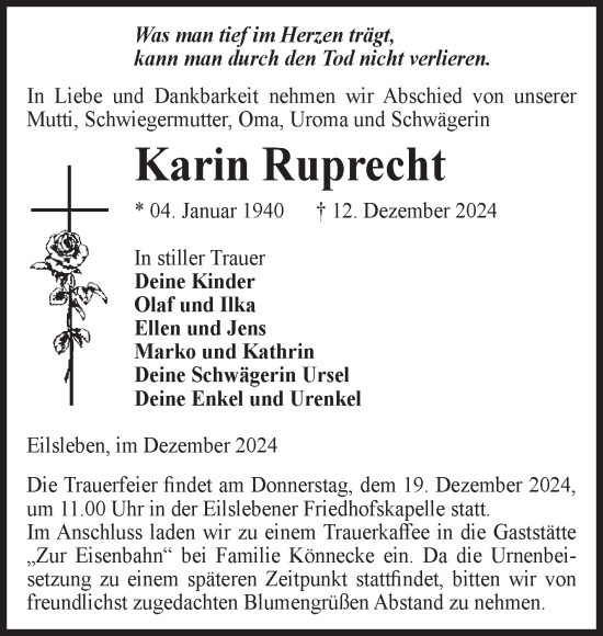 Traueranzeige von Karin Ruprecht von Volksstimme Oschersleben/Wanzleben