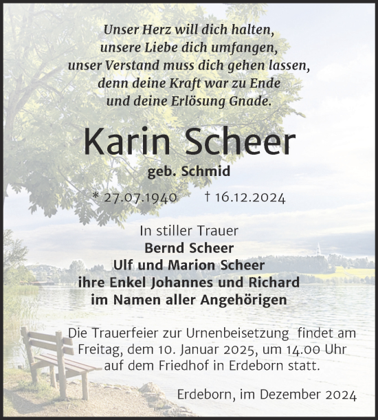 Traueranzeige von Karin Scheer von Trauerkombi Mansfelder Land