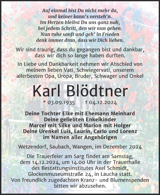Traueranzeige von Karl Blödtner von Naumburger Tageblatt