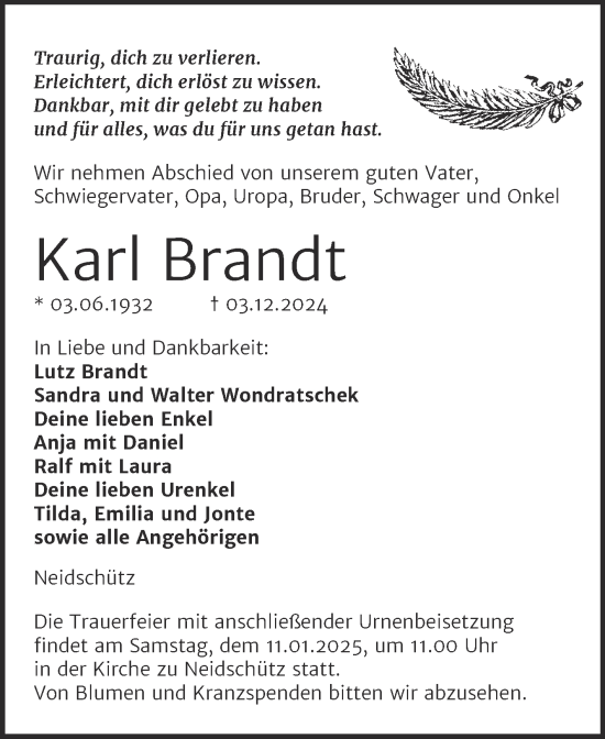 Traueranzeige von Karl Brandt von Super Sonntag Naumburg/Nebra