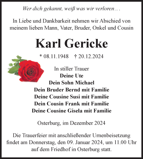 Traueranzeige von Karl Gericke von Volksstimme Altmark Ost