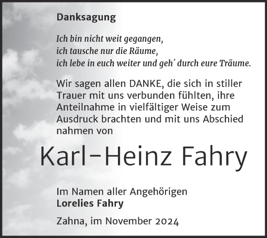 Traueranzeige von Karl-Heinz Fahry von Trauerkombi Wittenberg