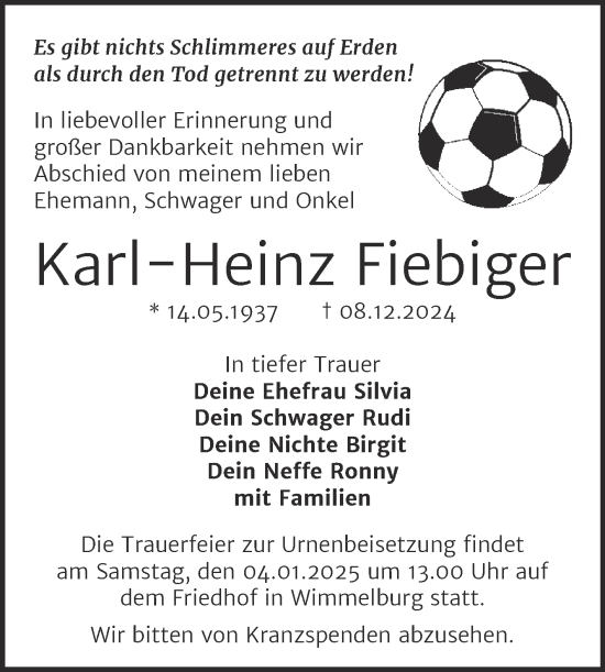 Traueranzeige von Karl-Heinz Fiebiger von Trauerkombi Mansfelder Land
