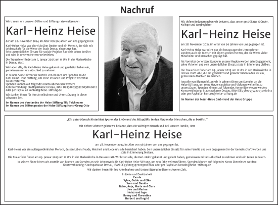 Traueranzeige von Karl-Heinz Heise von Mitteldeutsche Zeitung Dessau-Roßlau