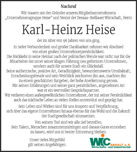 Traueranzeige von Karl-Heinz Heise von Mitteldeutsche Zeitung Dessau-Roßlau