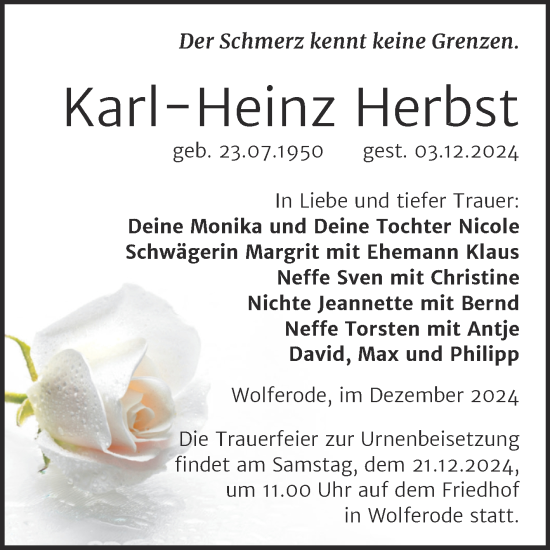 Traueranzeige von Karl-Heinz Herbst von Trauerkombi Mansfelder Land