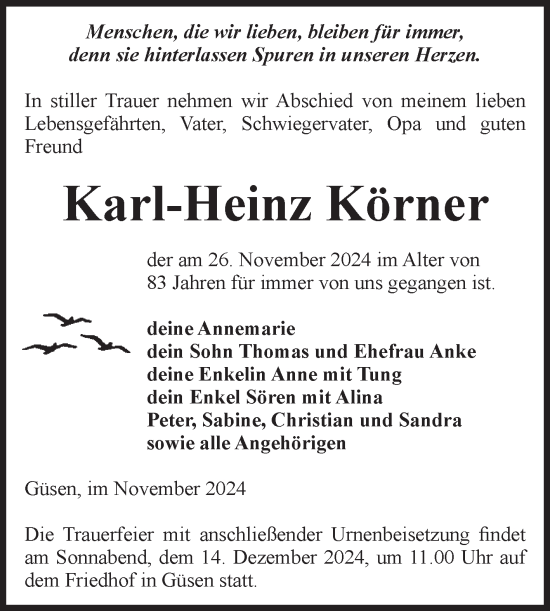 Traueranzeige von Karl-Heinz Körner von Volksstimme Burg/Genthin
