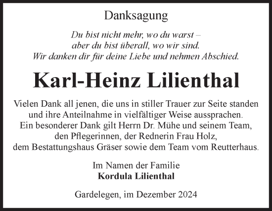 Traueranzeige von Karl-Heinz Lilienthal von Volksstimme Altmark West