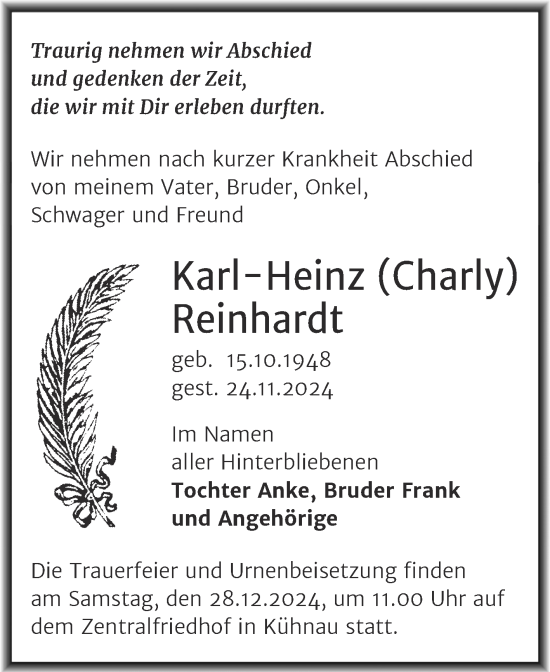 Traueranzeige von Karl-Heinz Reinhardt von Trauerkombi Dessau