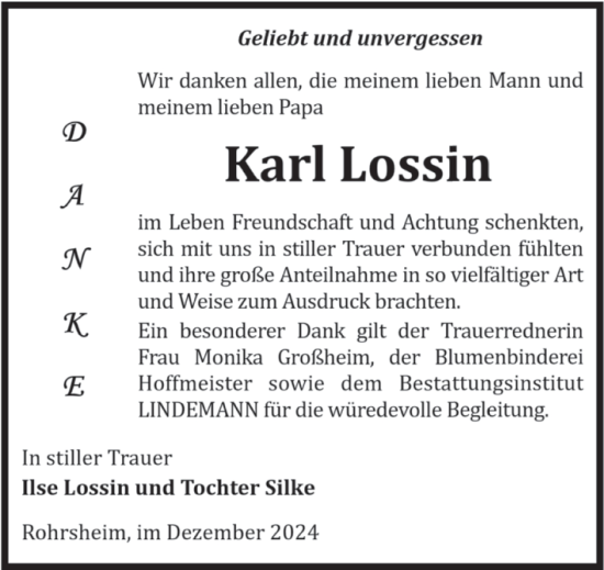 Traueranzeige von Karl Lossin von Volksstimme Halberstadt