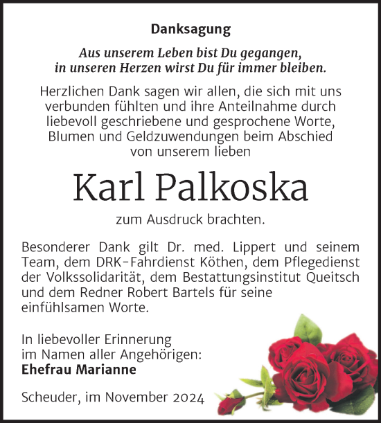 Traueranzeige von Karl Palkoska von Trauerkombi Köthen