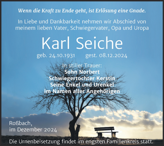 Traueranzeige von Karl Seiche von Trauerkombi Merseburg