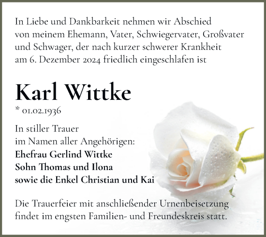 Traueranzeige von Karl Wittke von Mitteldeutsche Zeitung Halle/Saalkreis