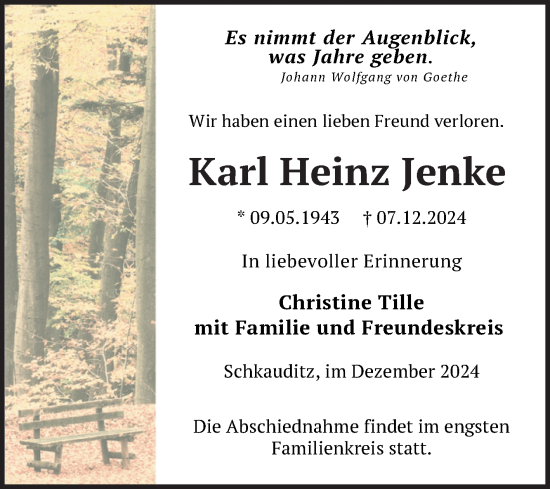 Traueranzeige von Karl Heinz Jenke von Trauerkombi Zeitz