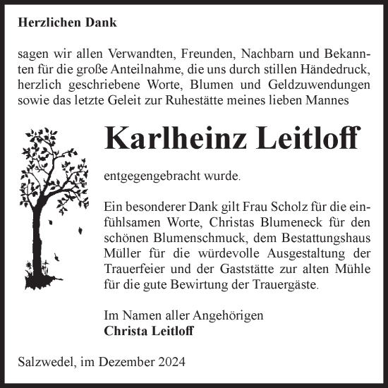 Traueranzeige von Karlheinz Leitloff von Volksstimme Altmark West