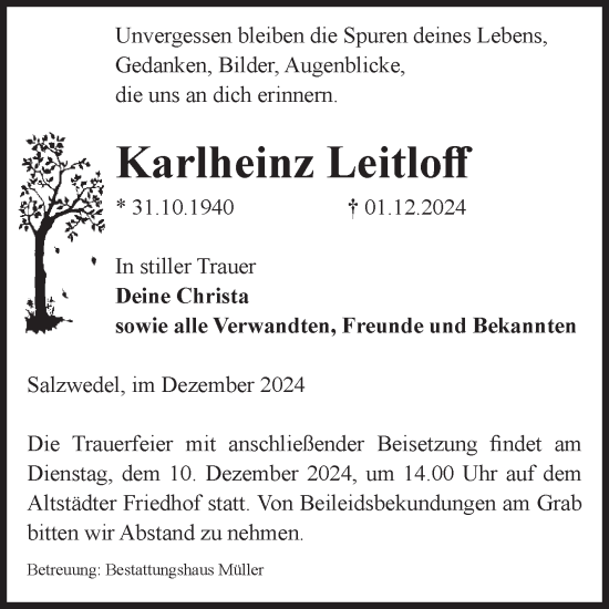 Traueranzeige von Karlheinz Leitloff von Volksstimme Altmark West