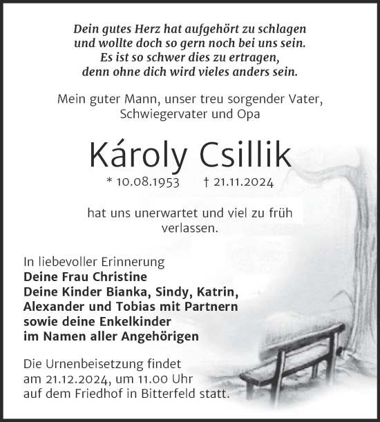 Traueranzeige von Karoly Csillik von Trauerkombi Bitterfeld