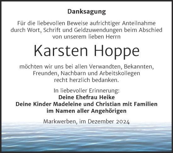 Traueranzeige von Karsten Hoppe von Trauerkombi Weißenfels