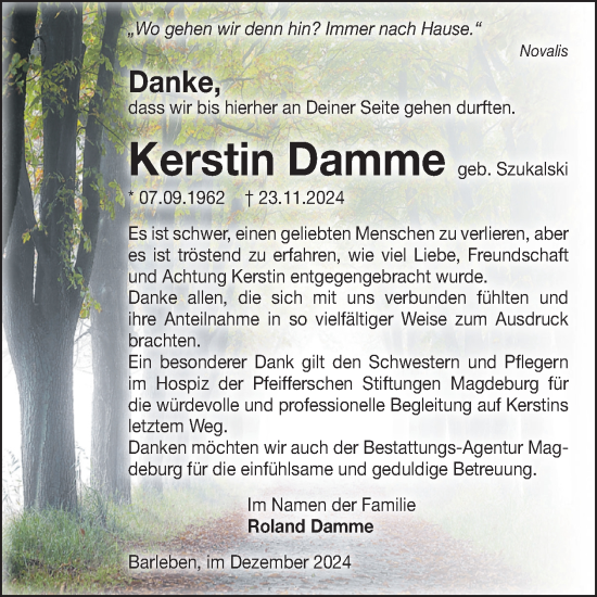 Traueranzeige von Kerstin Damme von Volksstimme Magdeburg