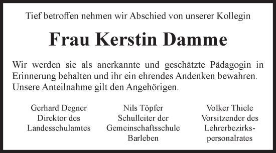Traueranzeige von Kerstin Damme von Volksstimme Haldensleben/Wolmirstedt
