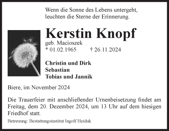 Traueranzeige von Kerstin Knopf von Volksstimme Schönebeck